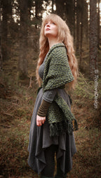 Big handwoven rectangular shawl in forest green wool and alpaca.