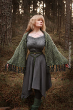 Big handwoven rectangular shawl in forest green wool and alpaca.