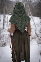 Small handwoven Skjoldehamn inspired hood in forest green wool and alpaca.