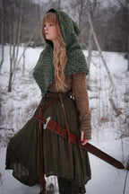 Small handwoven Skjoldehamn inspired hood in forest green wool and alpaca.