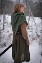 Small handwoven Skjoldehamn inspired hood in forest green wool and alpaca.