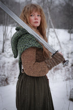 Small handwoven Skjoldehamn inspired hood in forest green wool and alpaca.