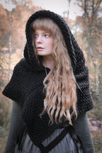Big Skjoldehamn inspired hood in black wool and alpaca. Handwoven.