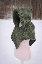 Small handwoven Skjoldehamn inspired hood in forest green wool and alpaca.
