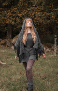 Handwoven hooded shawl in gray wool and alpaca.