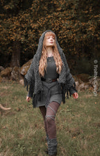 Handwoven hooded shawl in gray wool and alpaca.