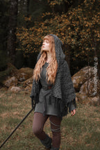 Handwoven hooded shawl in gray wool and alpaca.