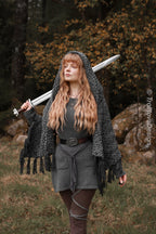 Handwoven hooded shawl in gray wool and alpaca.