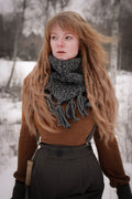 Handwoven triangle scarf in gray wool and alpaca made from scrap yarn.