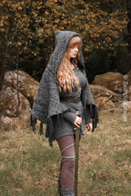 Handwoven hooded shawl in gray wool and alpaca.