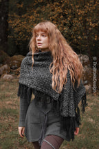 Handwoven hooded shawl in gray wool and alpaca.
