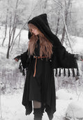 Handwoven hooded shawl in black wool and alpaca.
