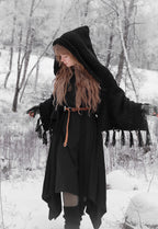 Handwoven hooded shawl in black wool and alpaca.