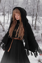 Handwoven hooded shawl in black wool and alpaca.
