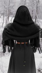Handwoven hooded shawl in black wool and alpaca.