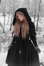 Handwoven hooded shawl in black wool and alpaca.