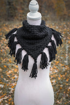Handwoven triangle scarf in black wool and alpaca made from scrap yarn.