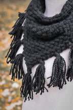 Handwoven triangle scarf in black wool and alpaca made from scrap yarn.