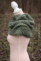 Handwoven snood in forest green wool and alpaca with drawstring.