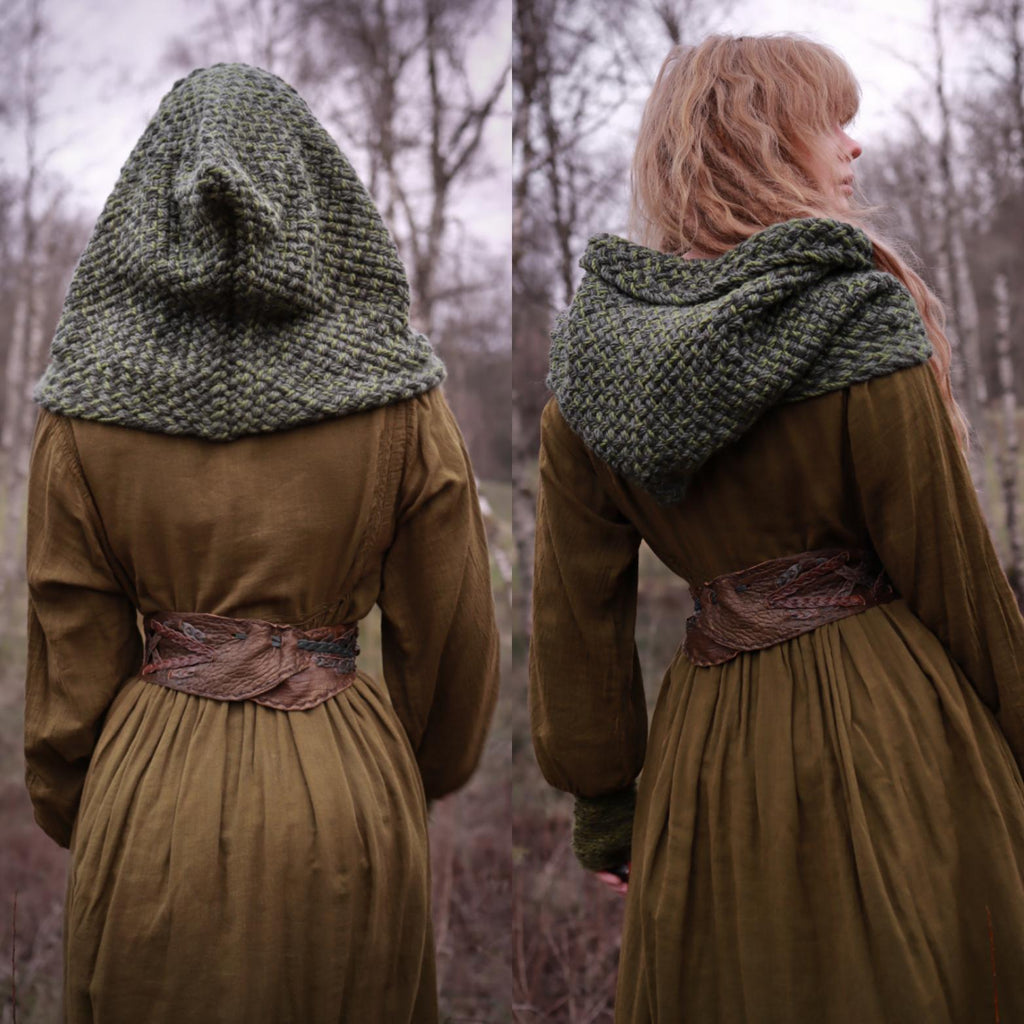 Handwoven hood in forest green wool and alpaca.