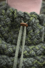 Handwoven snood in forest green wool and alpaca with drawstring.