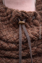 Handwoven snood in brown wool and alpaca with drawstring.