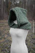 Handwoven hood in forest green wool and alpaca.