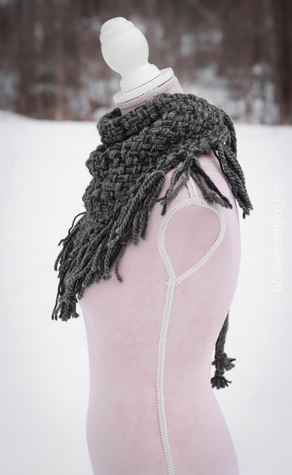 Handwoven triangle scarf in gray wool and alpaca made from scrap yarn.