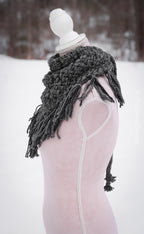 Handwoven triangle scarf in gray wool and alpaca made from scrap yarn.