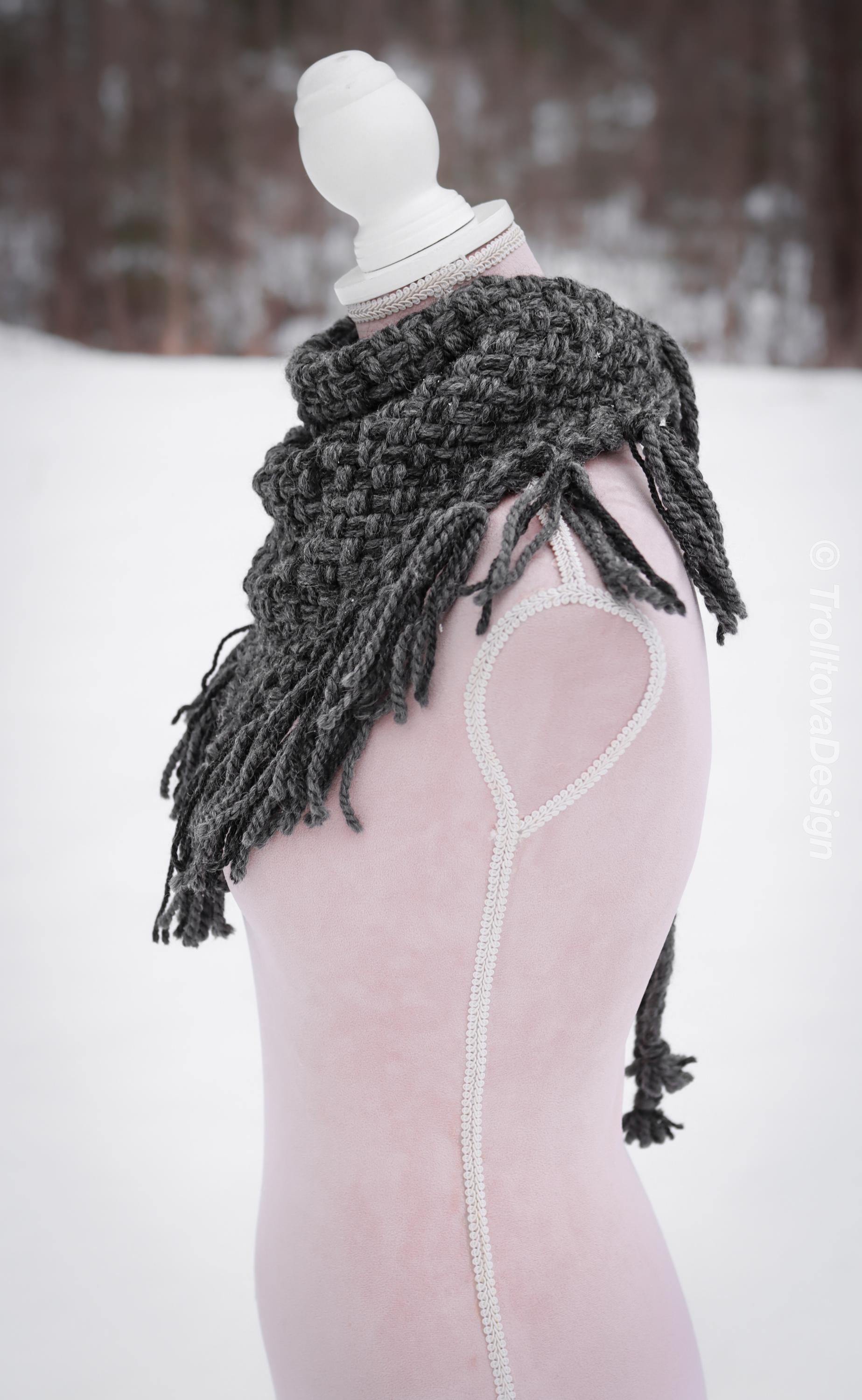 Handwoven triangle scarf in gray wool and alpaca made from scrap yarn.