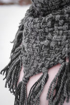 Handwoven triangle scarf in gray wool and alpaca made from scrap yarn.