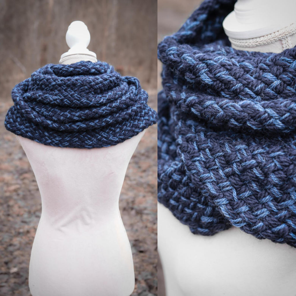 Handwoven extra long snood in dark blue wool and alpaca.