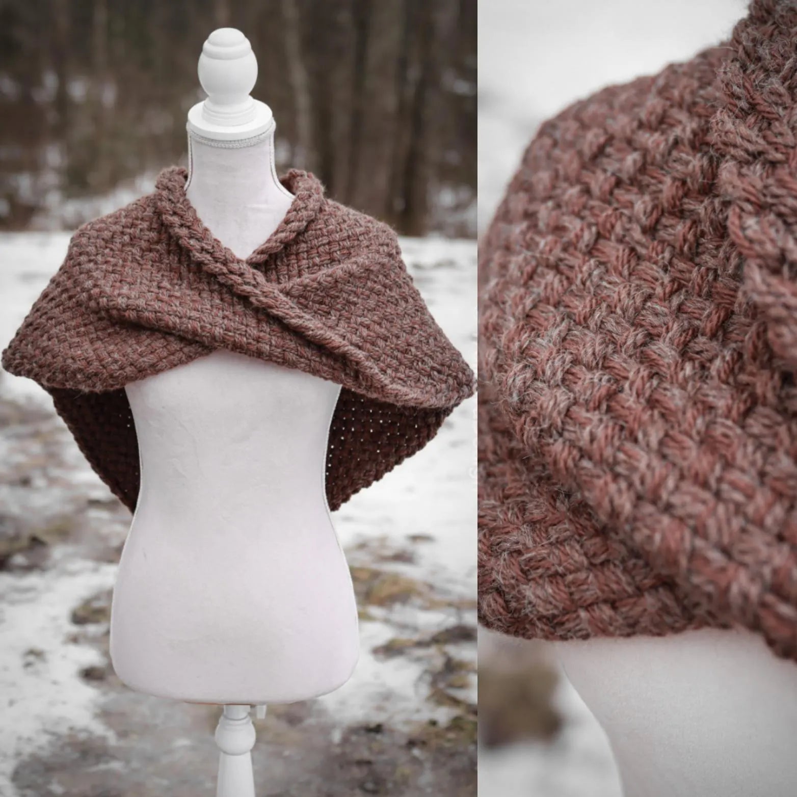 Handwoven twisted capelet in brown wool and alpaca.