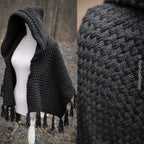 Handwoven hooded shawl in black wool and alpaca.