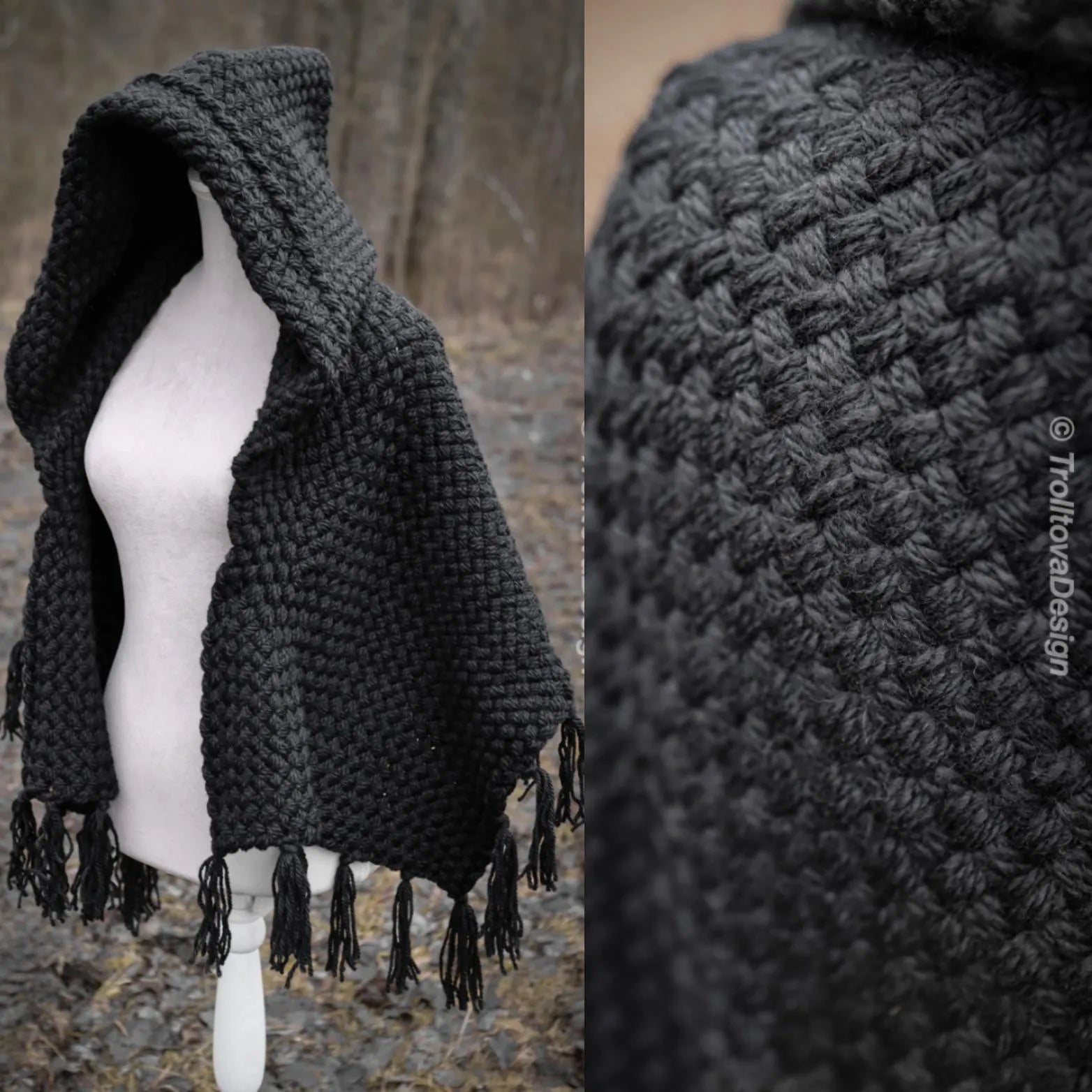Handwoven hooded shawl in black wool and alpaca.