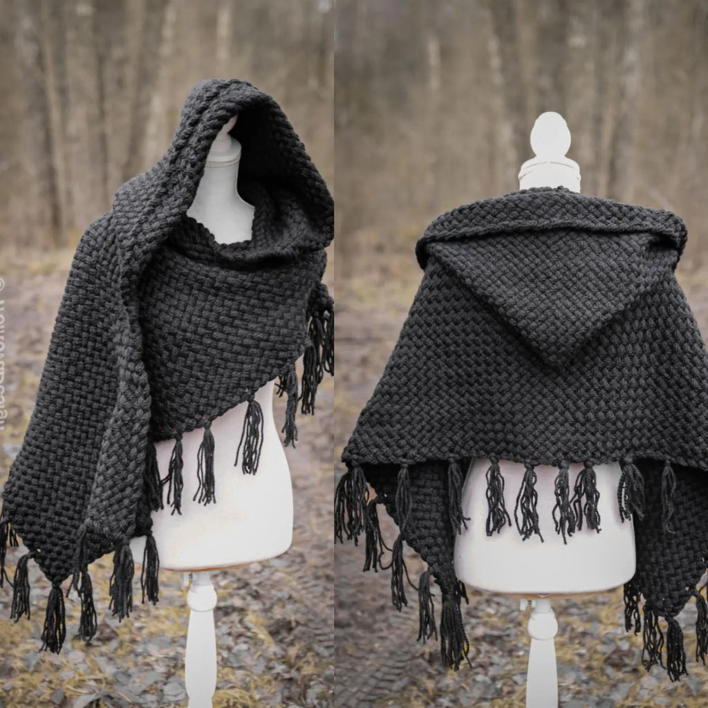 Handwoven hooded shawl in black wool and alpaca.