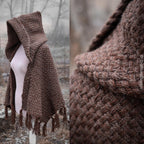 Handwoven hooded shawl in brown wool and alpaca.