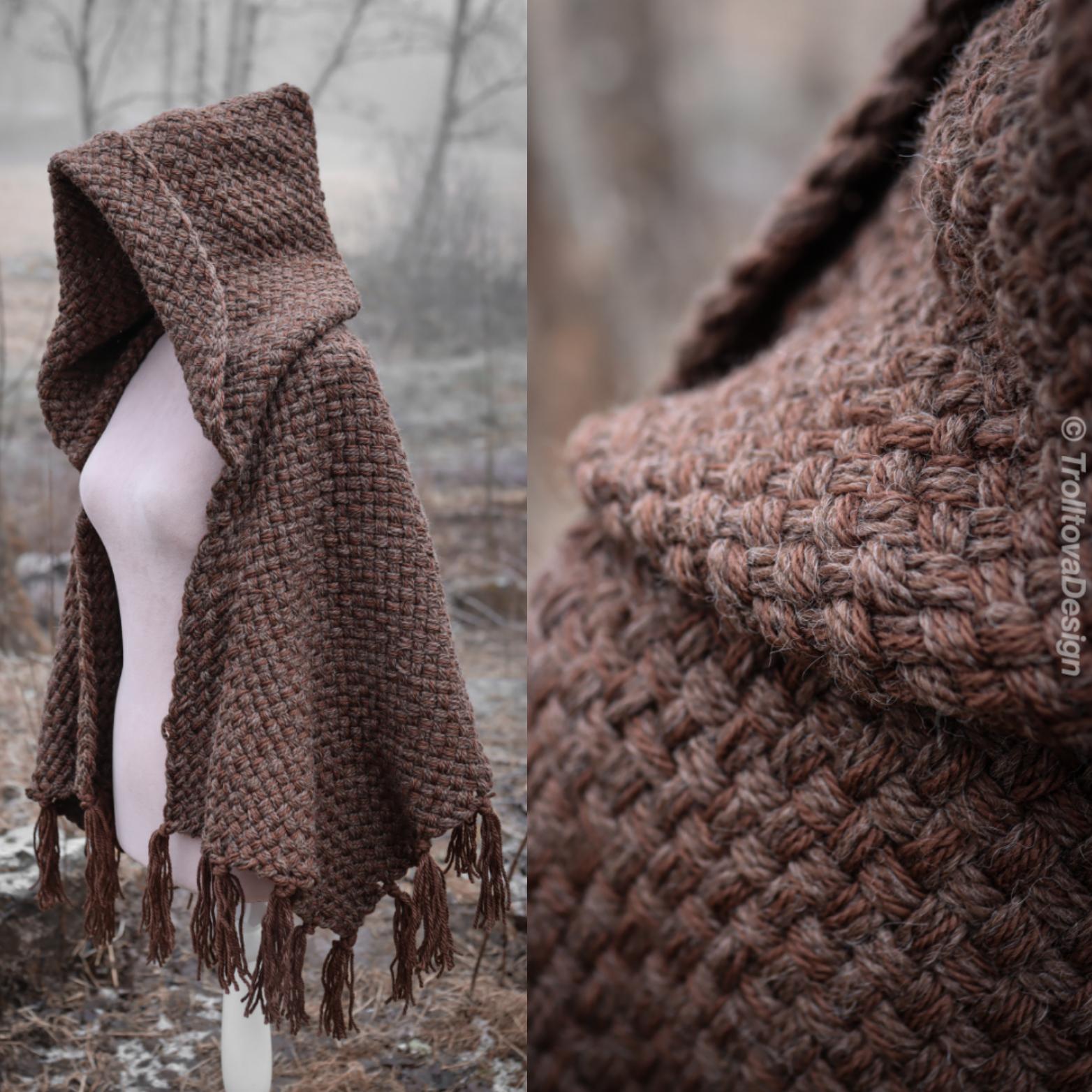 Handwoven hooded shawl in brown wool and alpaca.