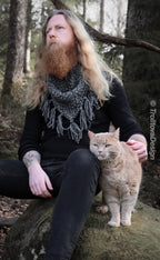 Handwoven triangle scarf in gray wool and alpaca made from scrap yarn.