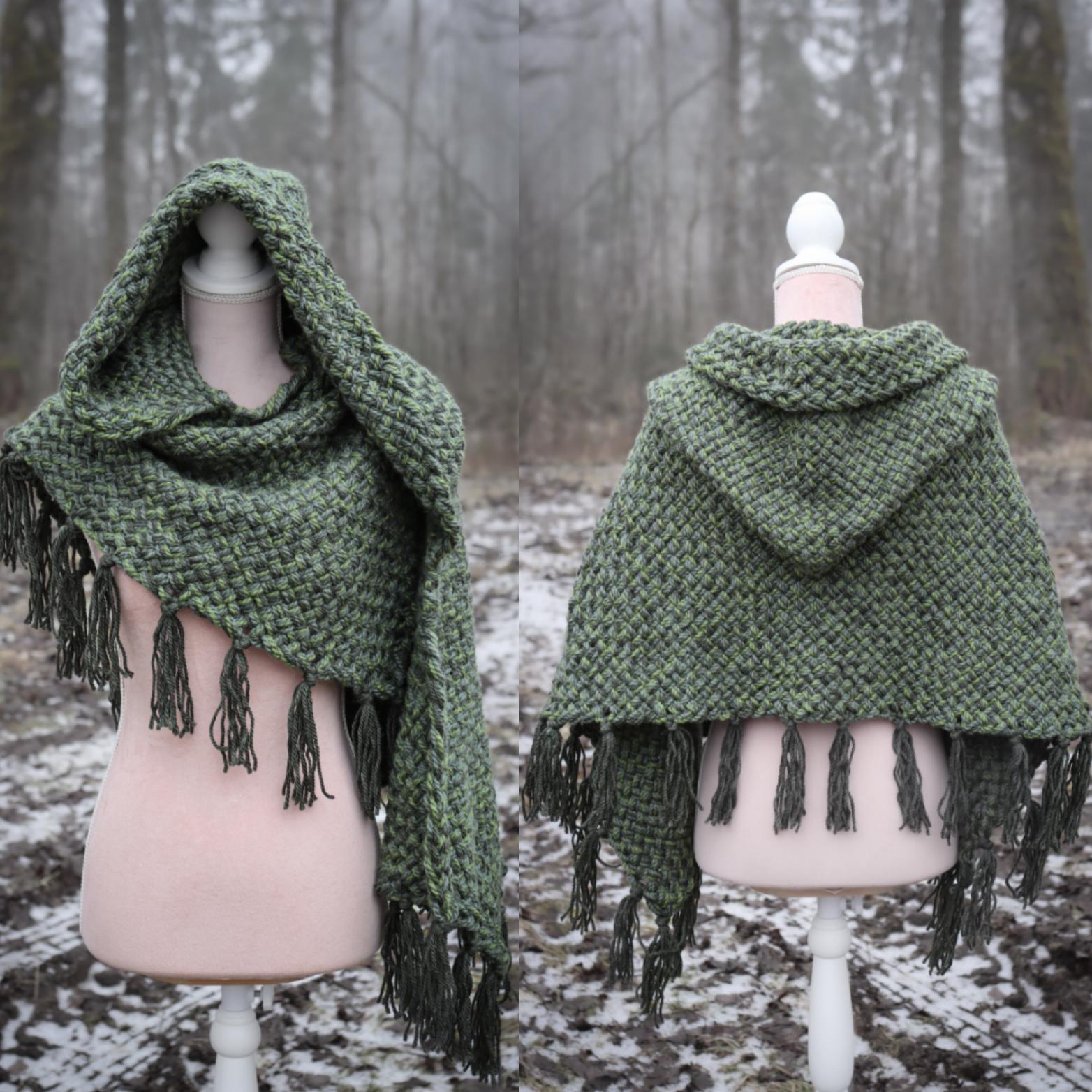 Handwoven hooded shawl in forest green wool and alpaca.