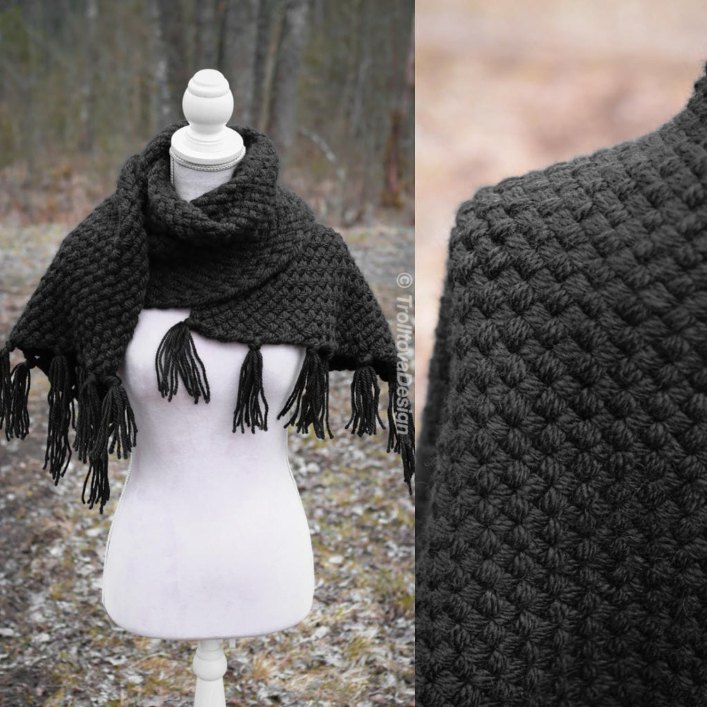 Handwoven big rectangular shawl in black wool and alpaca.