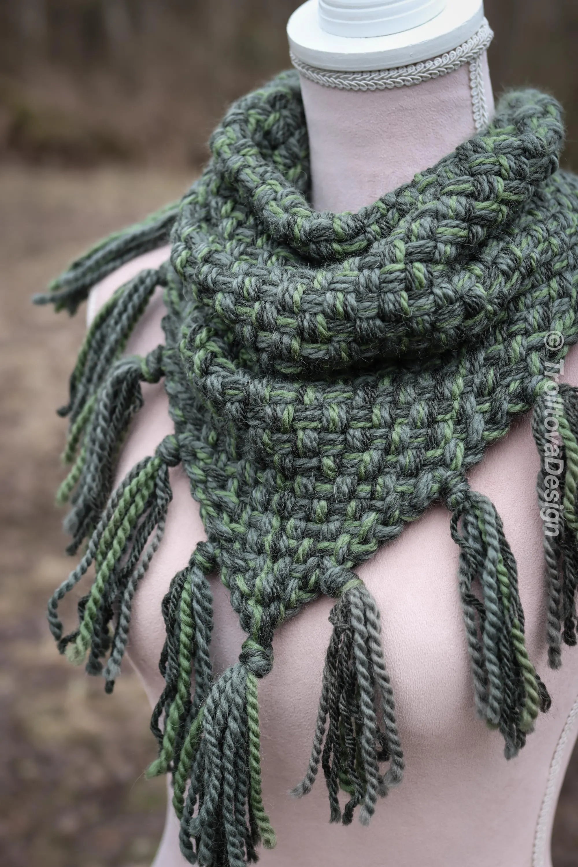 Handwoven triangle scarf in forest green wool and alpaca made from scrap yarn.
