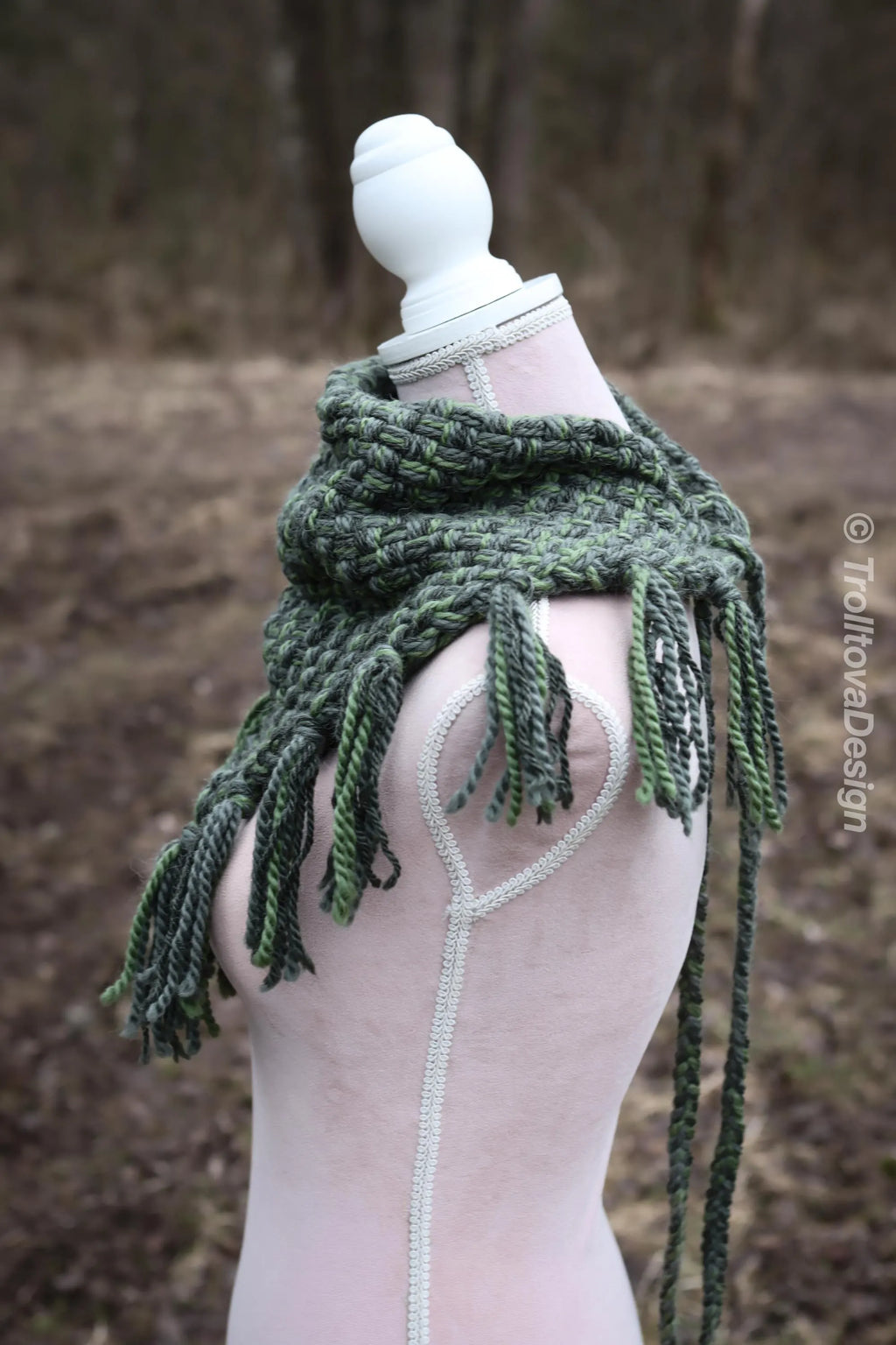 Handwoven triangle scarf in forest green wool and alpaca made from scrap yarn.