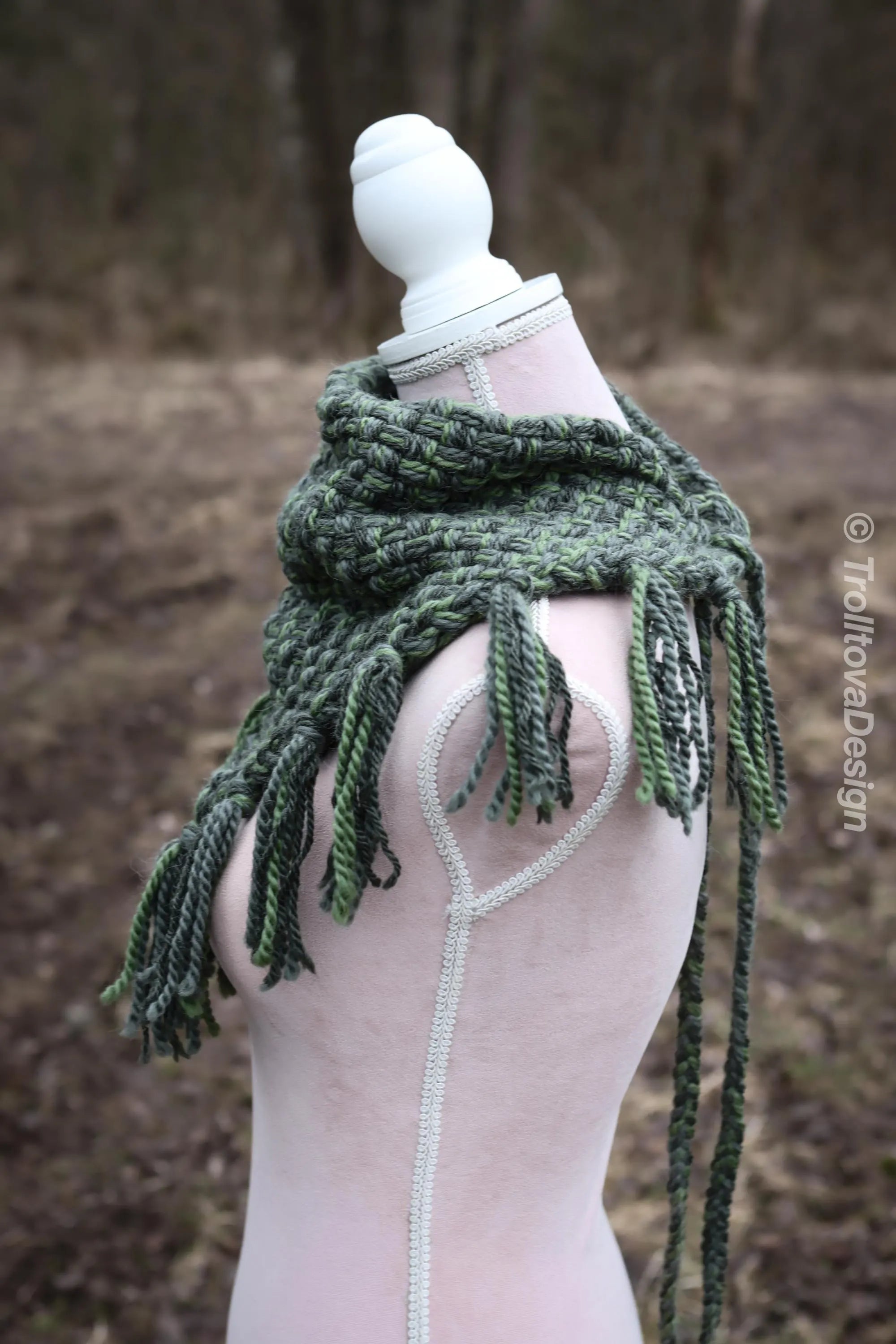 Handwoven triangle scarf in forest green wool and alpaca made from scrap yarn.