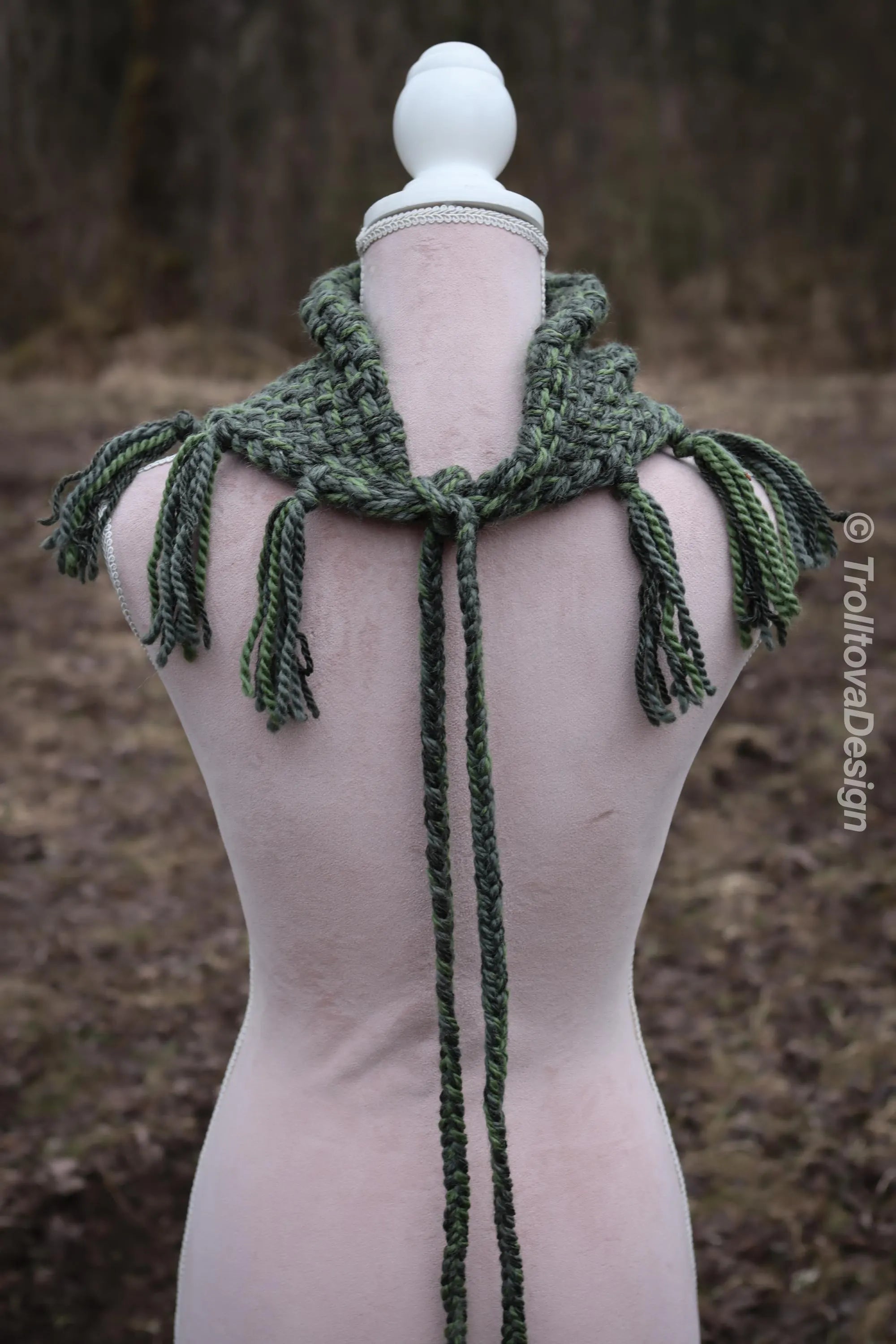 Handwoven triangle scarf in forest green wool and alpaca made from scrap yarn.