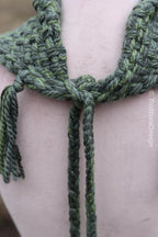 Handwoven triangle scarf in forest green wool and alpaca made from scrap yarn.