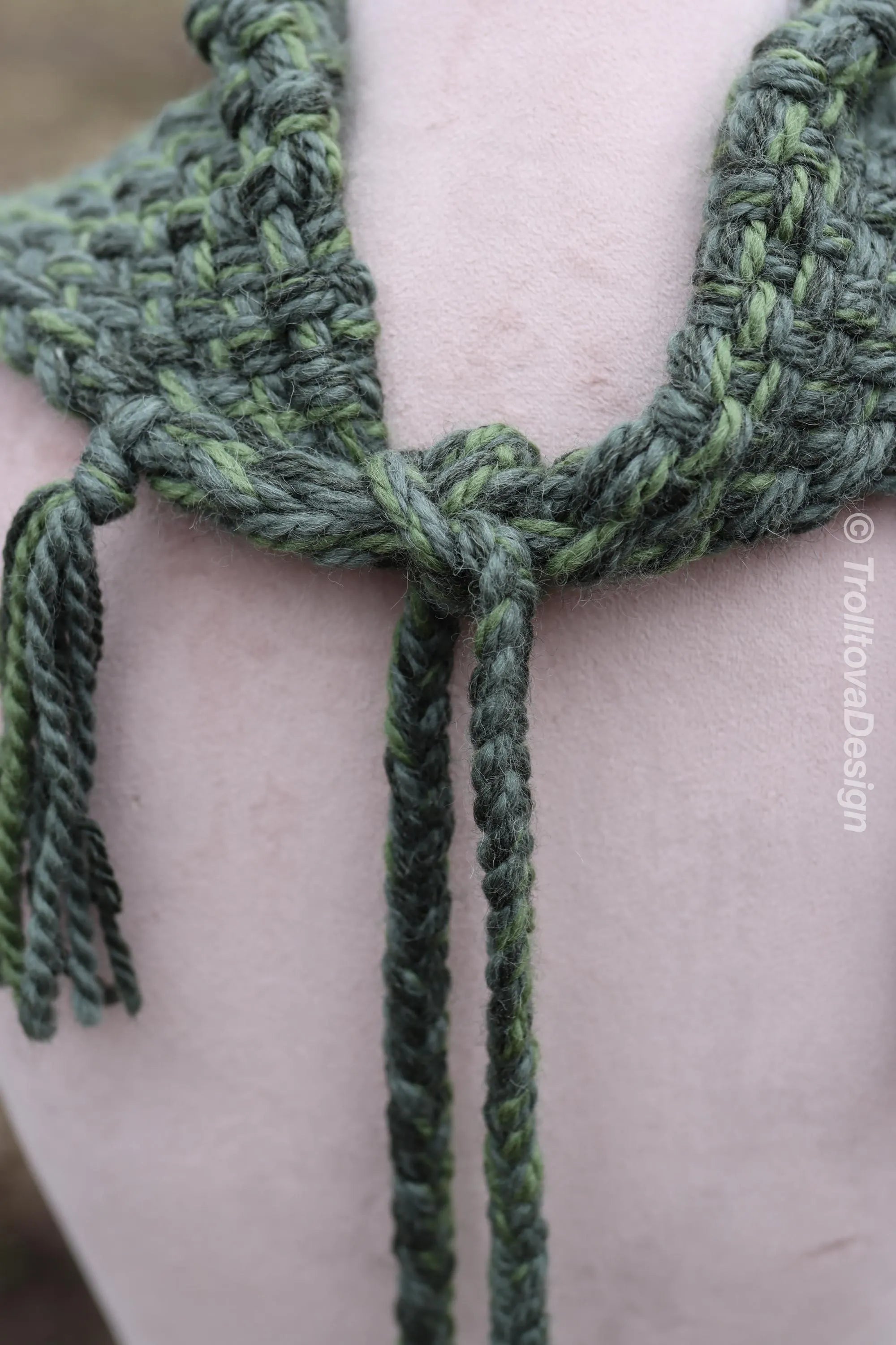 Handwoven triangle scarf in forest green wool and alpaca made from scrap yarn.