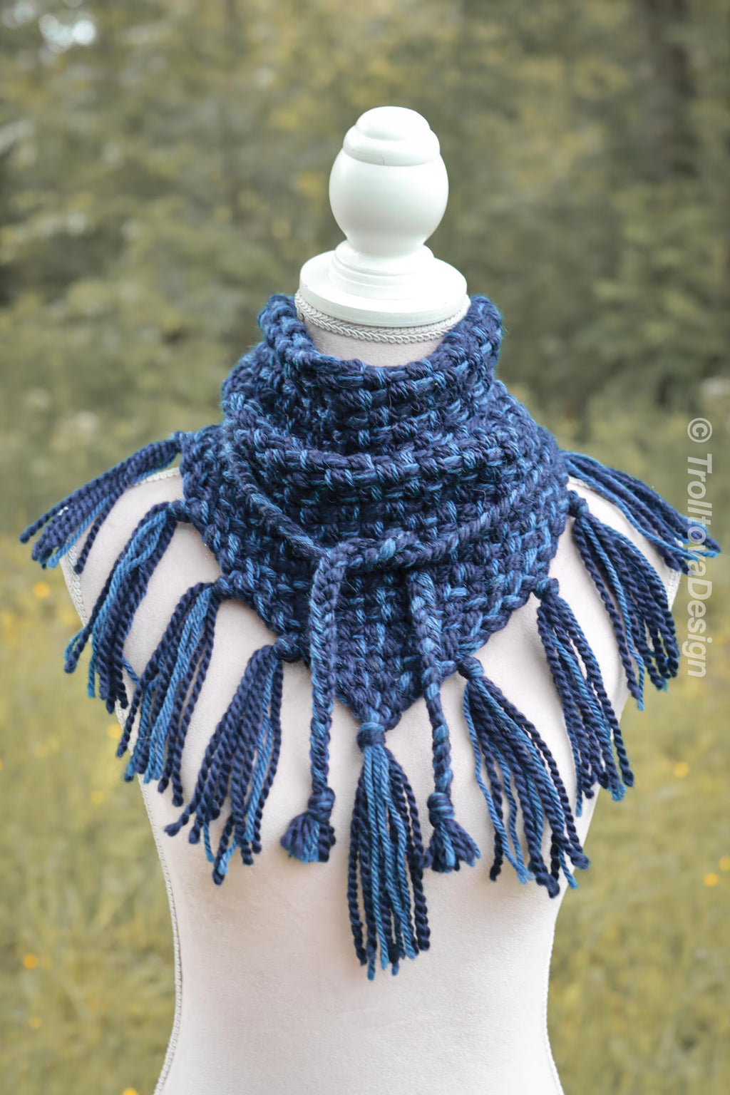 Handwoven triangle scarf in blue wool and alpaca, made from yarn scraps.