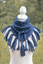 Handwoven triangle scarf in blue wool and alpaca, made from yarn scraps.
