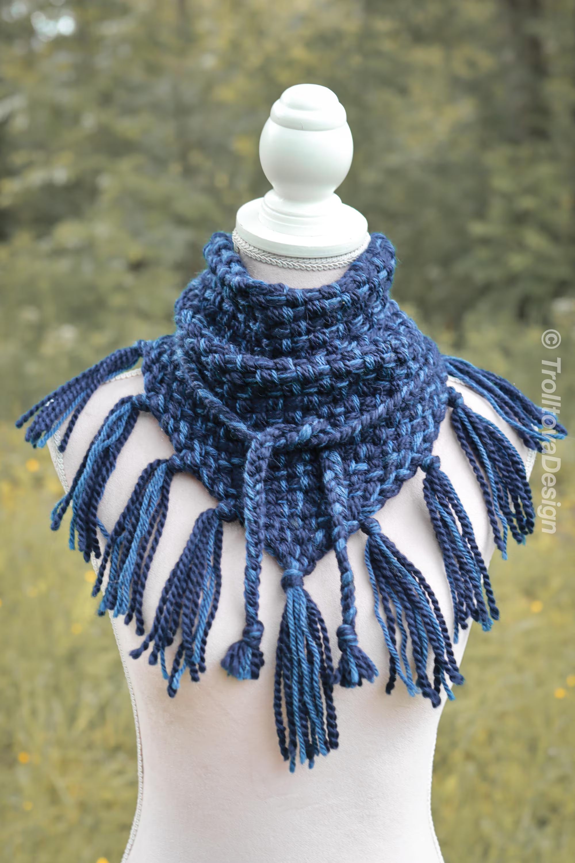 Handwoven triangle scarf in blue wool and alpaca, made from yarn scraps.
